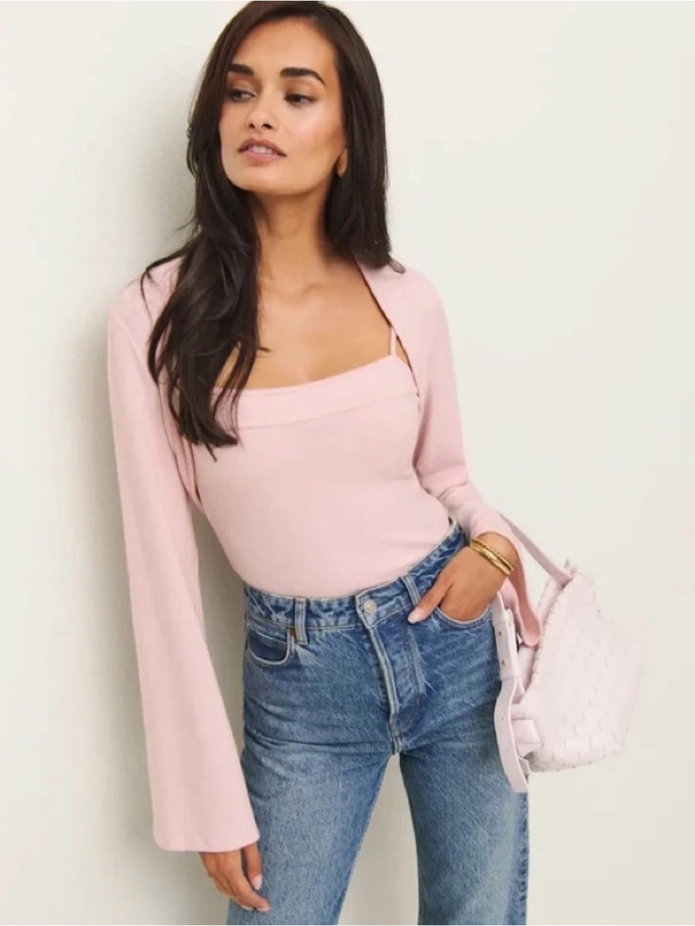 Reformation Chloe Pink Square-Neck Camisole and shrug  with Flared Sleeves